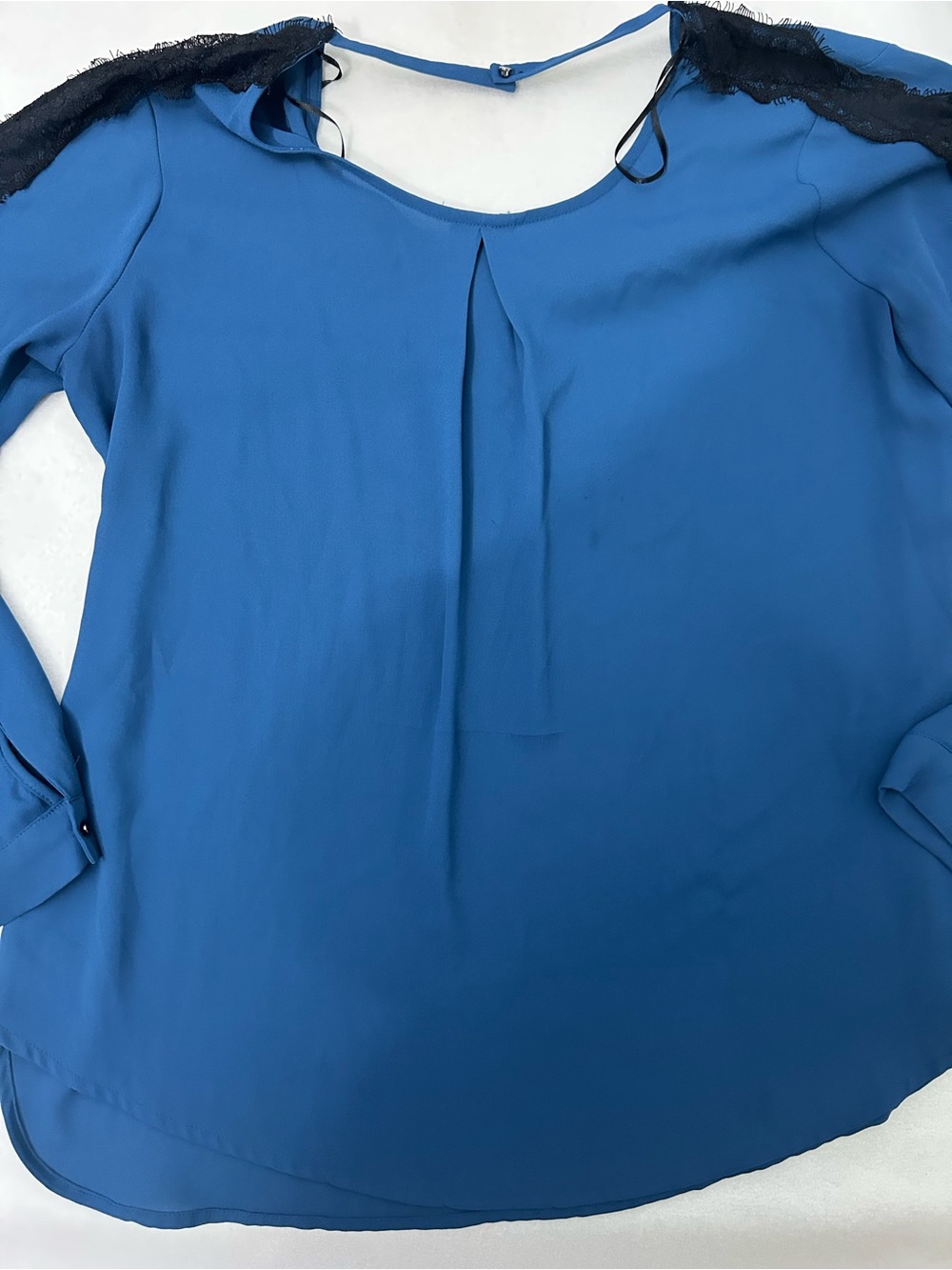 Ro & De Blue Blouse with Black Lace Shoulders